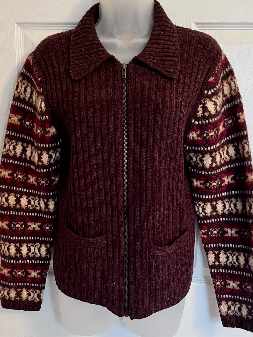 Vintage Limited America 100% Wool Zip Cardigan Sweater Patterned Sleeves M